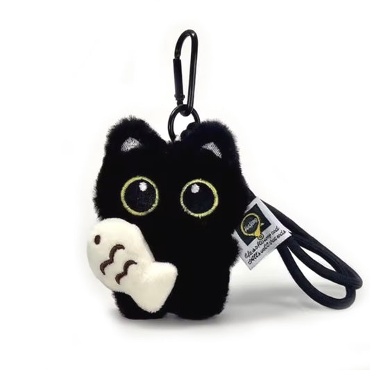 Plush Black Cat with Fish Keying